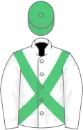White, emerald green cross belts, emerald green cap