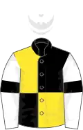 Black and yellow (quartered), white sleeves, black armlets, white cap