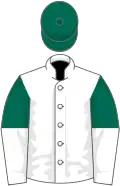 White, dark green and white halved sleeves, dark green cap