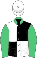 Black and White (quartered), Emerald Green collar and sleeves, White cap