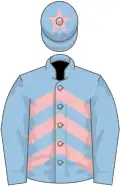 Light blue, pink chevrons, light blue sleeves, light blue cap, pink star