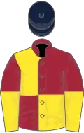 Maroon and yellow (quartered), halved sleeves, dark blue cap