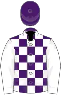 Purple and white checked, white sleeves, purple cap