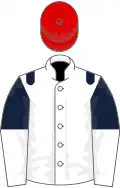 White, dark blue epaulets, dark blue and white halved sleeves, red cap