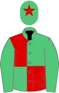 Emerald green and red quartered, emerald green sleeves, em green cap, red star