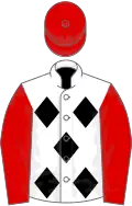 White, five black diamonds, red sleeves and cap