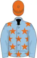 Light blue, orange stars, light blue sleeves, orange cap