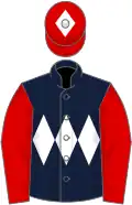 Dark blue, white triple diamond, red sleeves, red cap, white diamond