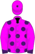 Fuchsia, purple spots on body, purple cuffs and bobble on cap