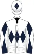 White, dark blue triple diamond, dark blue and white diabolo on sleeves, white cap, dark blue diamond