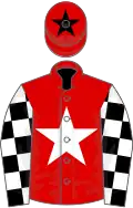 Red, white star, black and white check sleeves, red cap, black star