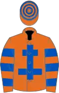Orange, royal blue cross of lorraine, hooped sleeves and cap