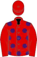 Red, purple spots, red sleeves and cap