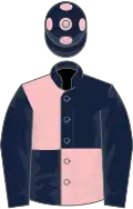 Dark blue and pink (quartered), blue sleeves, blue cap, pink spots