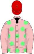 Pink, light green spots, pink sleeves, red cap