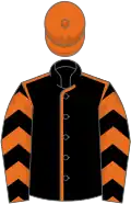 Black, orange seams, chevrons on sleeves, orange cap