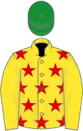 Yellow, red stars on body, emerald green cap