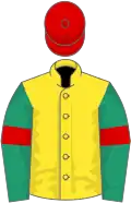 Yellow, emerald green sleeves, red armlets, red cap
