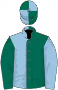 Dark green and light blue (halved), sleeves reversed, quartered cap