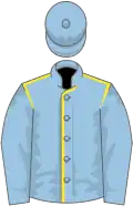 Light blue, yellow seams, light blue sleeves and cap