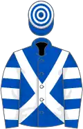 Royal blue, white cross belts, hooped sleeves and cap