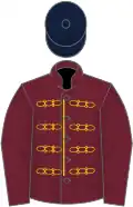 Claret, gold braid, claret sleeves, dark blue cap