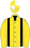 YELLOW, black braces, yellow and white quartered cap