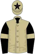 Beige, black sleeves, beige armlets, beige cap, black star