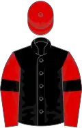 Black, red sleeves, black armlets, red cap