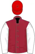 Maroon, white sleeves, red cap