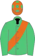 Emerald green, orange sash, orange cap, green spots