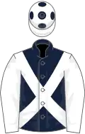Dark blue, white cross-belts and sleeves, white cap, dark blue spots