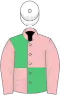 Pink and emerald green (quartered), white cap