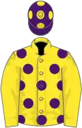 Yellow, purple spots on body, purple cap, yellow spots