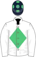 White, emerald green diamond, dark blue cap, green spots