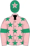 Pink, emerald green stars and armlets, green cap, pink star