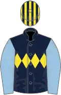 Dark blue, yellow triple diamond, light blue sleeves, dark blue and yellow striped cap