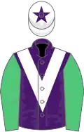 Purple, white chevron, emerald green sleeves, white cap, purple star