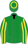 Green, yellow striped sleeves and hoop on cap