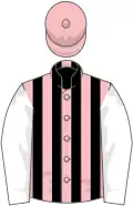 Pink and black stripes, white sleeves, pink cap