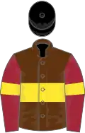 Brown, yellow hoop, maroon sleeves, yellow armlet, black cap