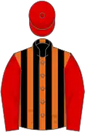 Orange and black stripes, red sleeves and cap
