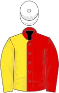 Red and yellow (halved), white cap
