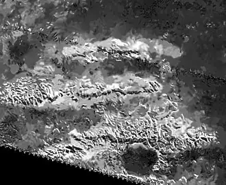 Cassini SAR image of Titan's Mithrim Montes, showing three parallel ridges