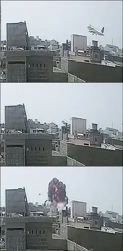 Three photos showing an Airbus A320 in a nose-high attitude with its landing gear down crashing into buildings. The first two photos showing the plane descending while the third photo shows a fireball.