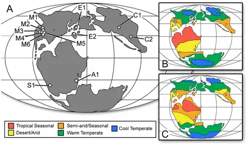 map of the world in the Jurassic, indicating the Oxford Clay Formation was located near a warm temperate climate