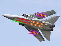 Underside view of jet fighter with colourful lines superimposed on the aircraft, showing under-wing and under-fuselage hardpoints