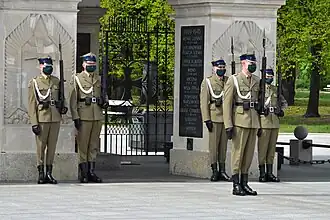 Changing of honour guards from Representative Honour Guard Regiment in front of the Tomb of Unknown Soldier in Piłsudski Square.