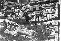 During a German aerial survey (1918). Almost all of the buildings to the right of the skyscraper have not survived