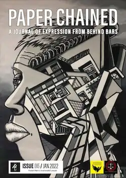 Monochrome drawing of a partial face overlaid with prison walls, bars and corridors at different angles, forming labyrinthine depth and complexity